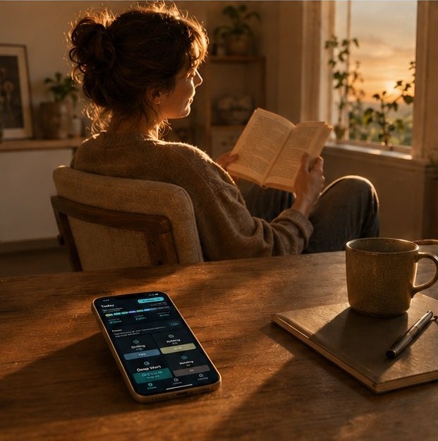 Reading quietly at golden hour, phone face-up nearby quietly tracking
