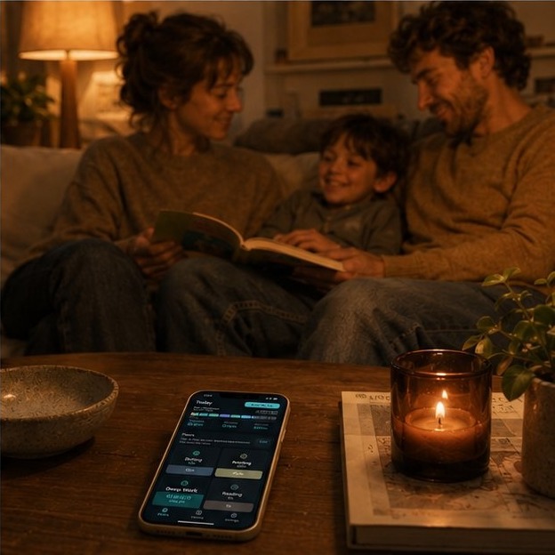 Family together on a sofa in lamplight, phone on the coffee table showing the day's summary
