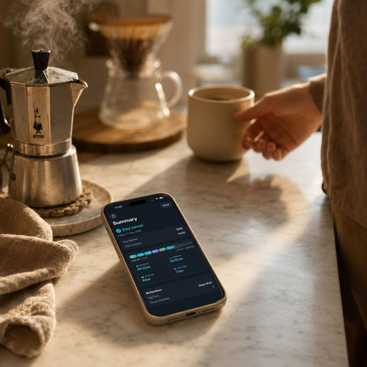 Morning coffee beside a phone open to Flows, ready to start the day