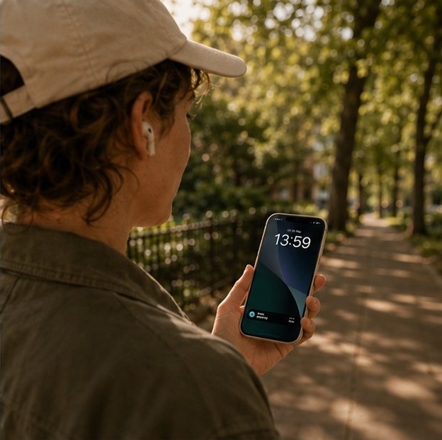 Person walking through a tree-lined park with the Lock Screen Live Activity visible