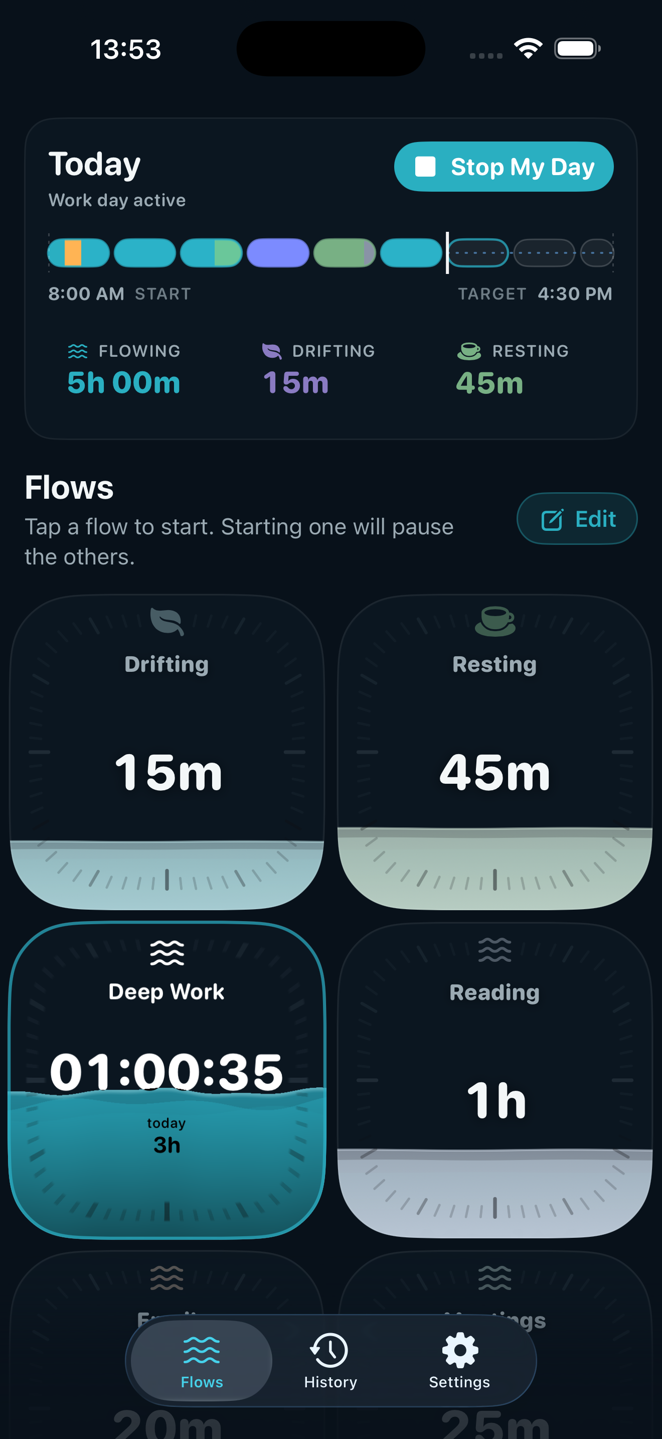 Flows showing the active flow view with Deep Work running and other flows resting